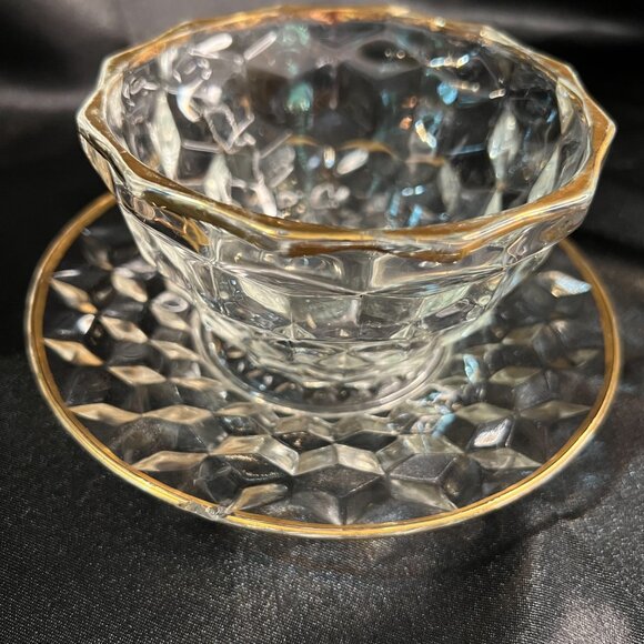 VTG Jeannette Glass Cube Cubist Pattern Mayonnaise Bowl and Underplate Gold Rim - Picture 13 of 13
